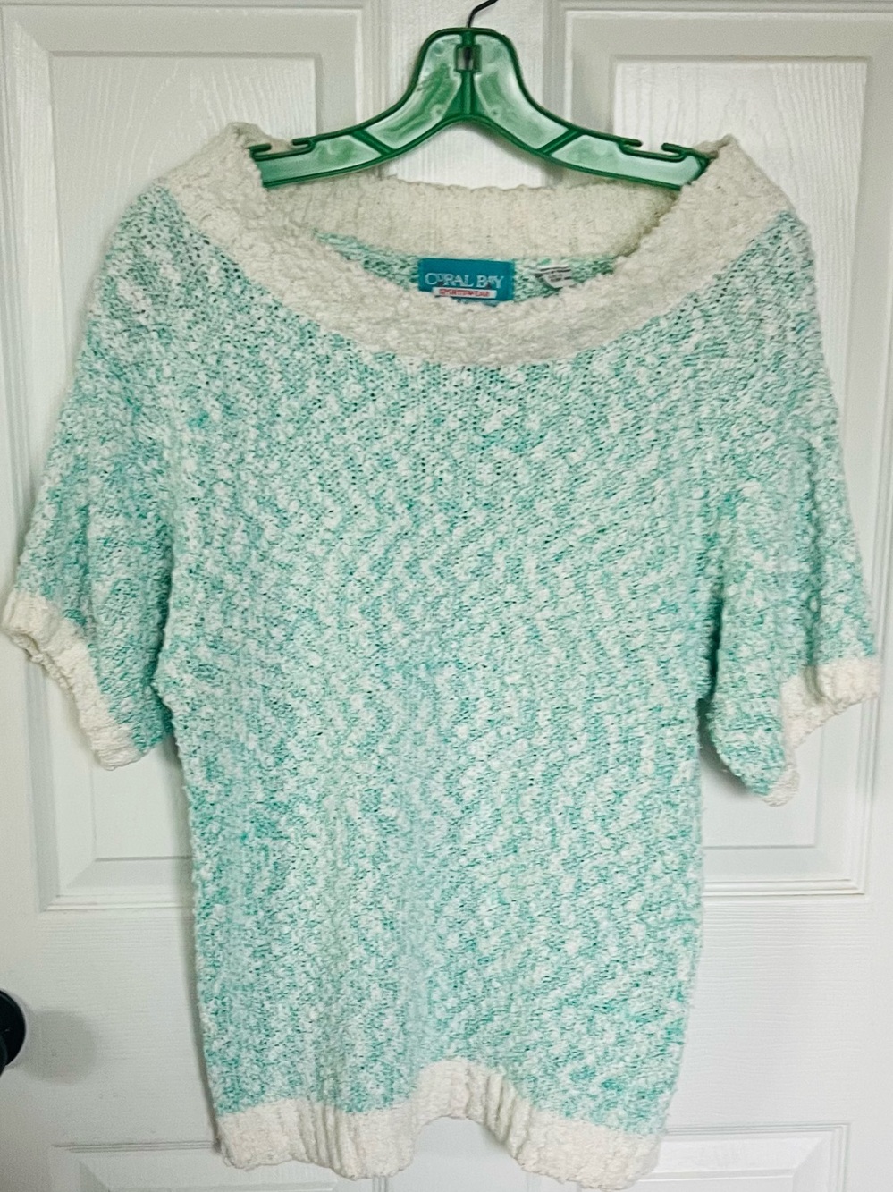 Vintage Coral Bay Mint Green Short Sleeve Popcorn Boucle Knit Sweater M